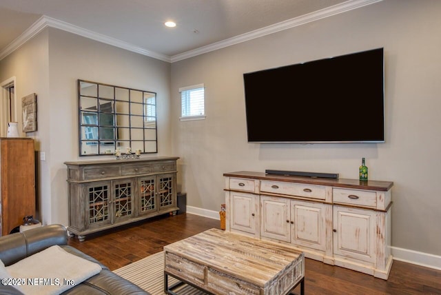 living room with crown molding and dark hardwood / wood-style floors