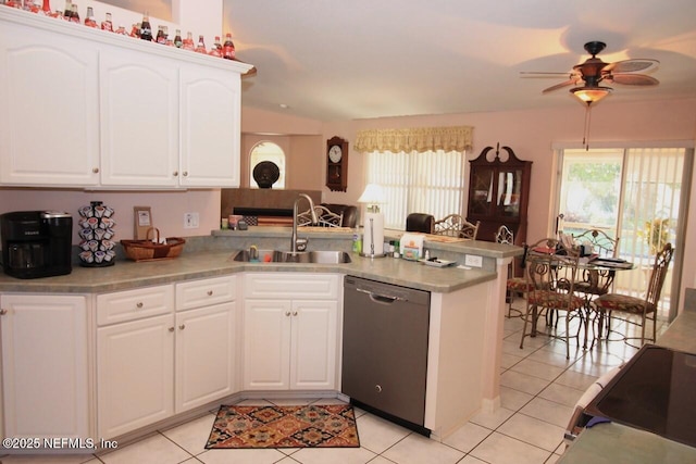 kitchen featuring white cabinetry, dishwasher, sink, and kitchen peninsula