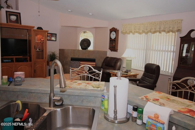 interior space featuring vaulted ceiling and sink