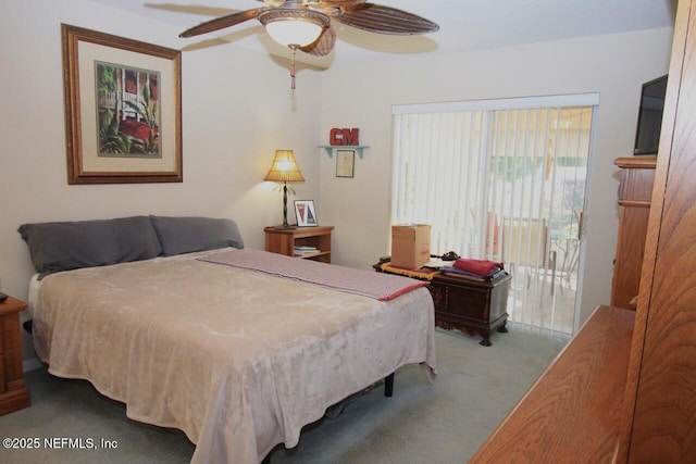 carpeted bedroom featuring access to outside and ceiling fan