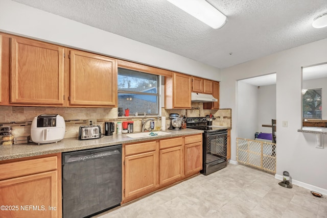 kitchen featuring a textured ceiling, sink, decorative backsplash, and black appliances