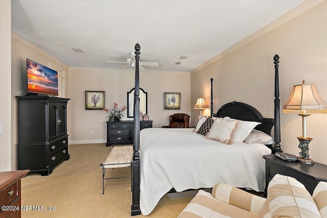 carpeted bedroom featuring crown molding, ceiling fan, and a textured ceiling