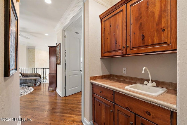 kitchen featuring crown molding, sink, and dark wood-type flooring