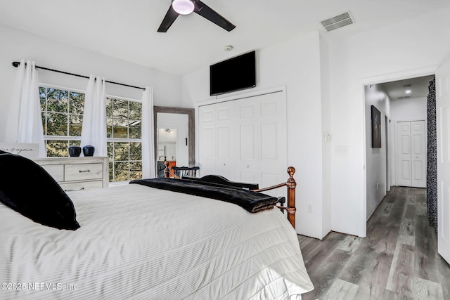 bedroom with ceiling fan, wood-type flooring, and a closet