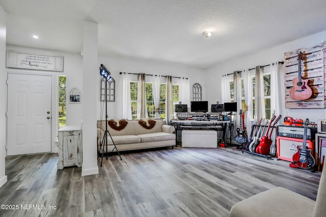 living room with wood-type flooring and a textured ceiling