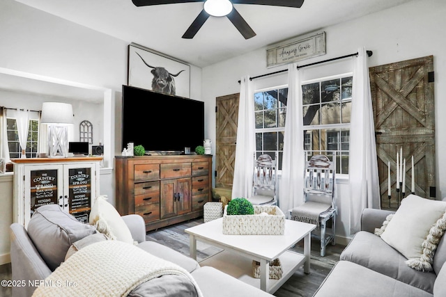 living room with hardwood / wood-style floors and ceiling fan