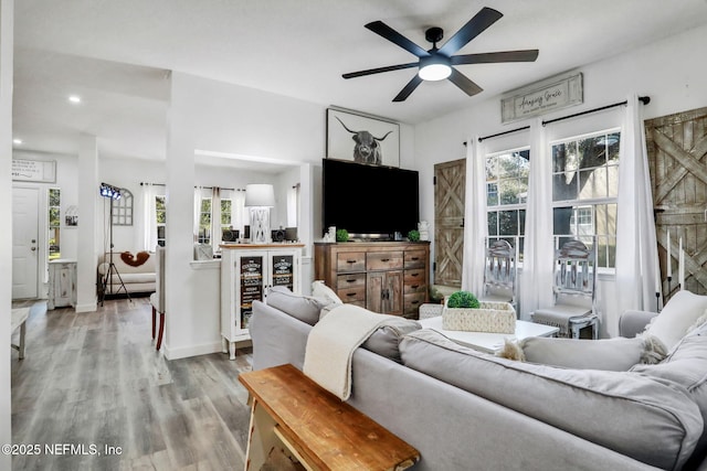 living room featuring a healthy amount of sunlight, beverage cooler, ceiling fan, and light hardwood / wood-style flooring