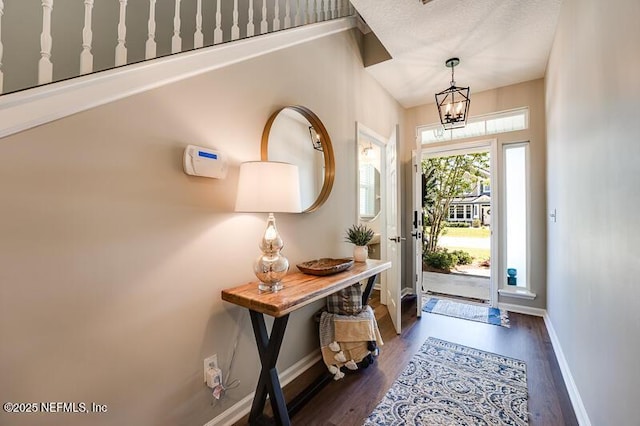 entrance foyer featuring dark hardwood / wood-style floors and a chandelier