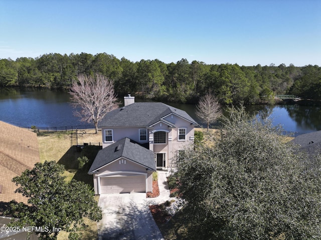 aerial view featuring a water view