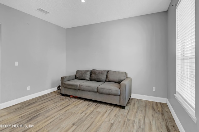 living room with light hardwood / wood-style flooring and a textured ceiling