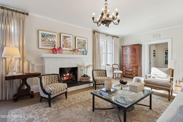 living room with ornamental molding, a fireplace, and light carpet