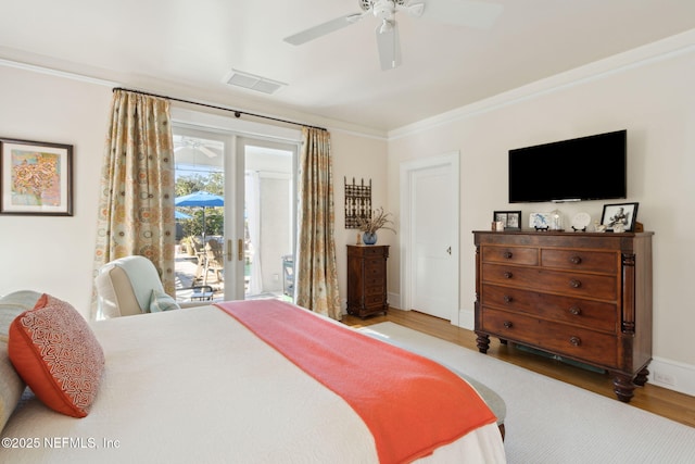 bedroom featuring crown molding, ceiling fan, access to exterior, and light wood-type flooring