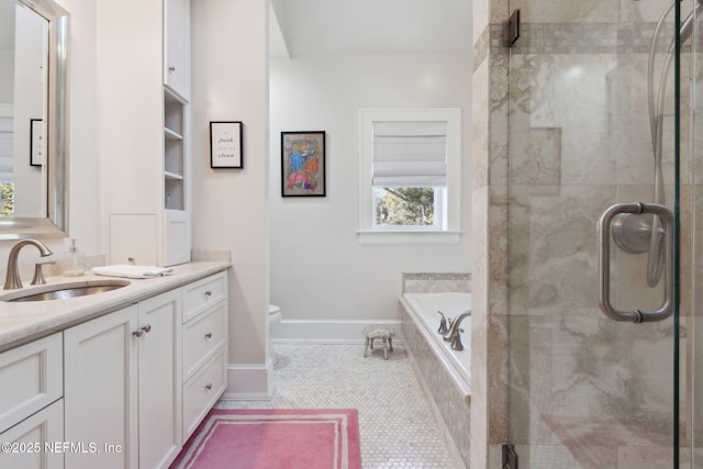 full bathroom featuring toilet, tile patterned floors, vanity, and plus walk in shower