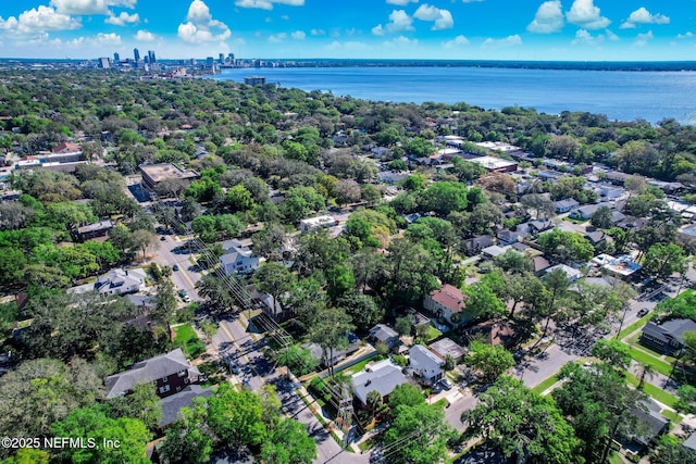 drone / aerial view with a water view