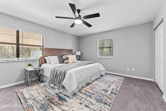 bedroom featuring a closet, carpet floors, and multiple windows