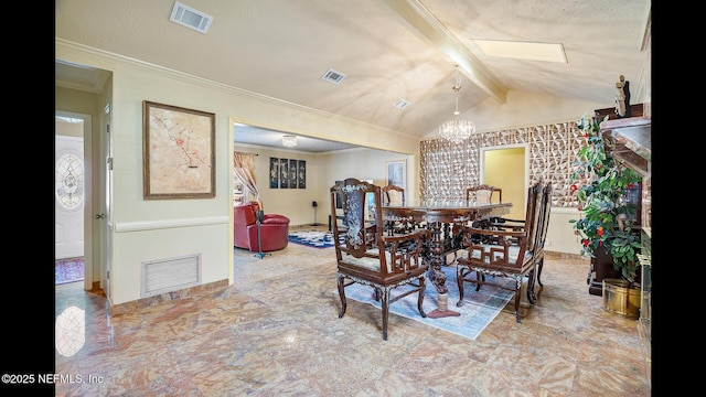 dining space with ornamental molding, lofted ceiling with beams, a textured ceiling, and a notable chandelier