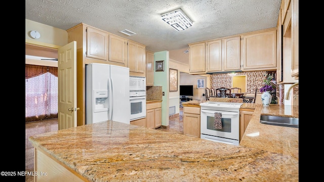 kitchen with sink, light stone counters, light brown cabinetry, and white appliances