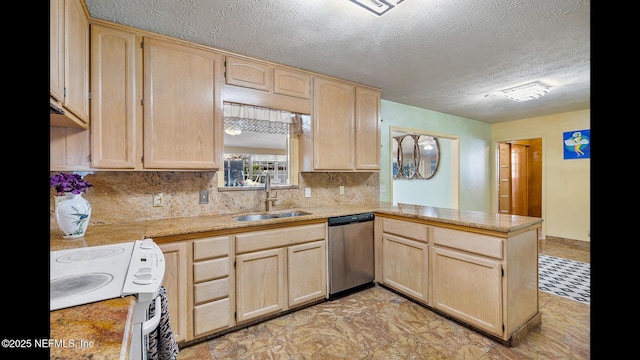 kitchen with stainless steel dishwasher, kitchen peninsula, sink, and light brown cabinets