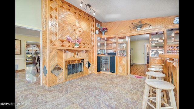 kitchen featuring a textured ceiling and wood walls