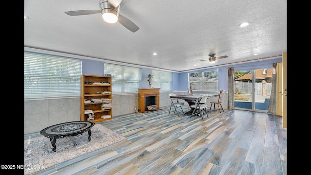 dining room featuring ceiling fan, a textured ceiling, and light hardwood / wood-style flooring