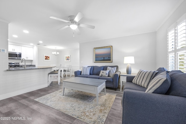 living room featuring crown molding, dark wood-type flooring, and ceiling fan with notable chandelier