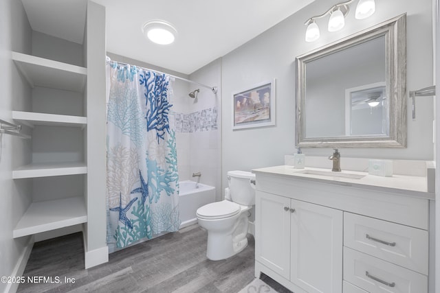 full bathroom featuring vanity, wood-type flooring, toilet, and shower / bath combo