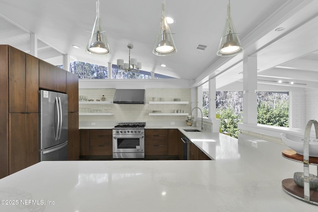 kitchen featuring wall chimney exhaust hood, sink, vaulted ceiling, appliances with stainless steel finishes, and decorative backsplash