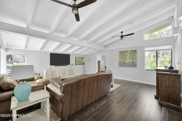 living room featuring vaulted ceiling with beams, dark wood-type flooring, and ceiling fan