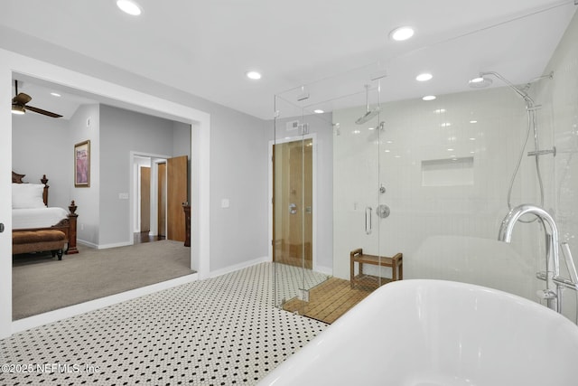 bathroom with ceiling fan and a shower with shower door