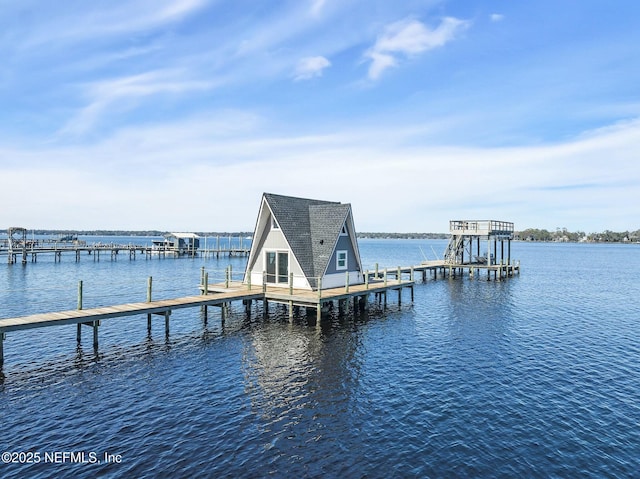 view of dock with a water view