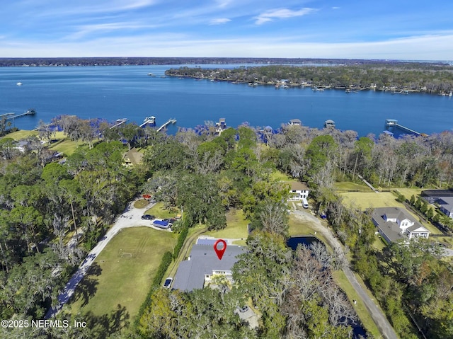 drone / aerial view featuring a water view