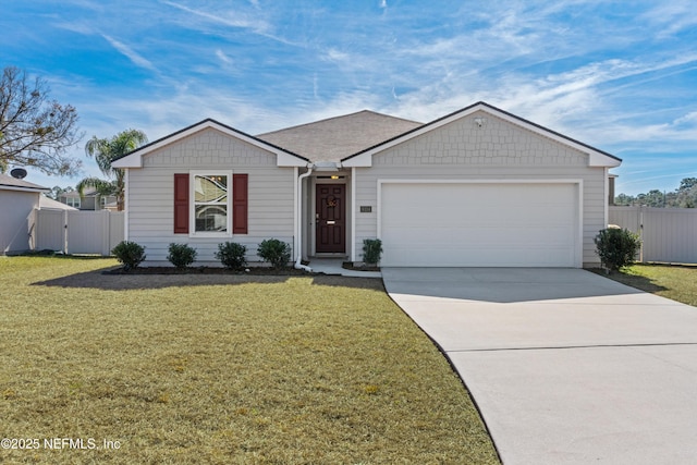 single story home featuring a garage and a front yard