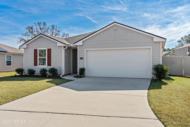 ranch-style home featuring a garage and a front lawn