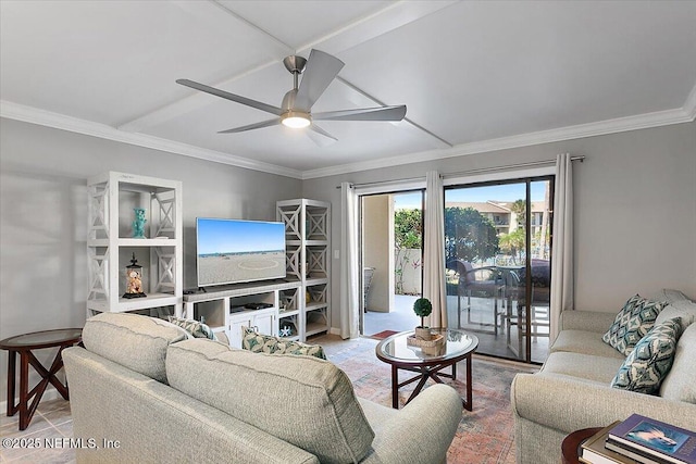 living room featuring crown molding and ceiling fan