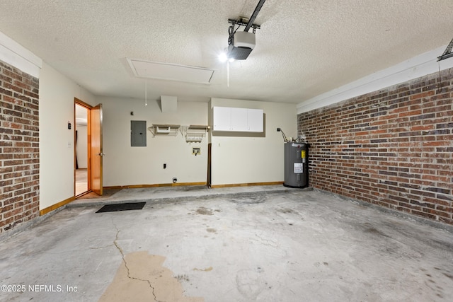 garage with a garage door opener, electric water heater, and electric panel