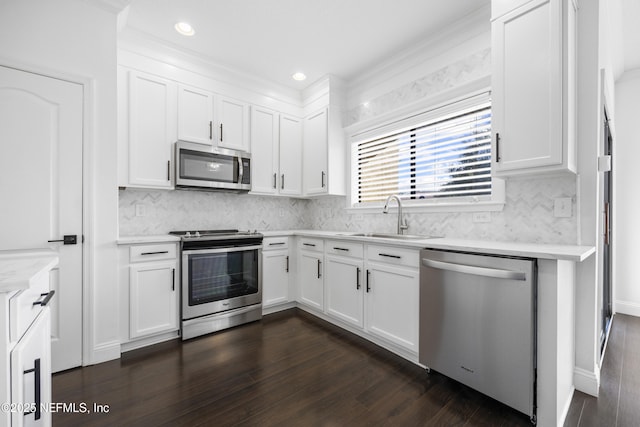 kitchen featuring white cabinetry, appliances with stainless steel finishes, sink, and dark wood-type flooring