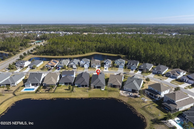 bird's eye view with a water view