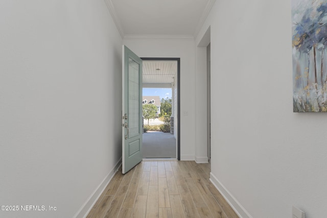 doorway to outside featuring ornamental molding and light wood-type flooring