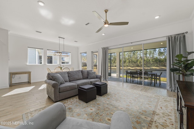 living room featuring ornamental molding, ceiling fan, and light wood-type flooring