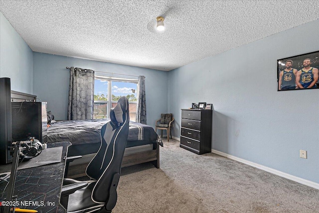 carpeted bedroom with a textured ceiling