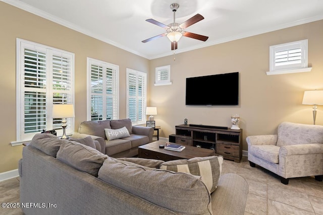 tiled living room featuring crown molding and ceiling fan