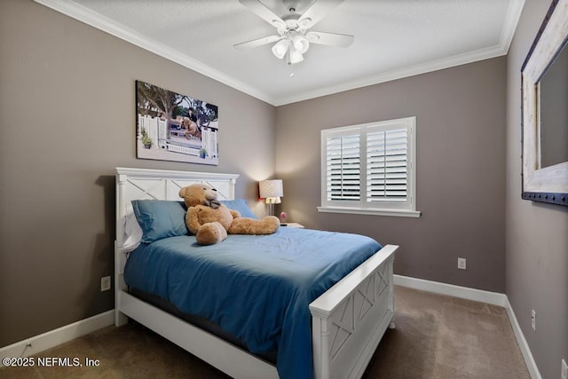 carpeted bedroom with ceiling fan and ornamental molding