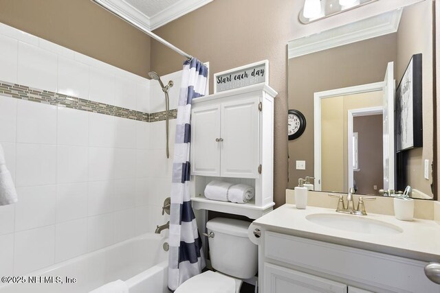 full bathroom featuring shower / tub combo with curtain, ornamental molding, toilet, and vanity