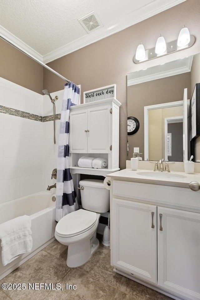 full bathroom featuring toilet, crown molding, a textured ceiling, vanity, and shower / bath combo