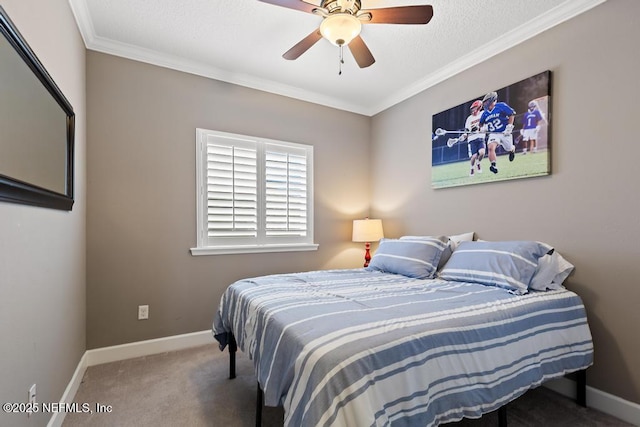 carpeted bedroom featuring crown molding, a textured ceiling, and ceiling fan