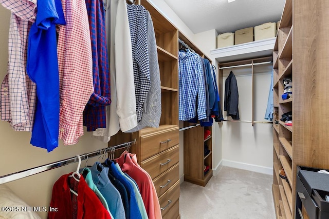 spacious closet featuring light colored carpet