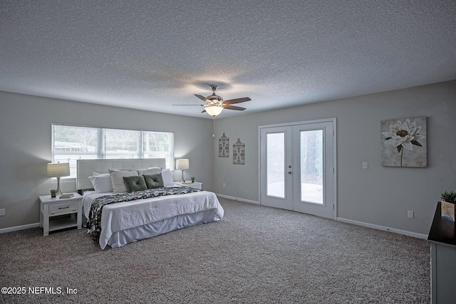 carpeted bedroom with access to exterior, a textured ceiling, french doors, and ceiling fan