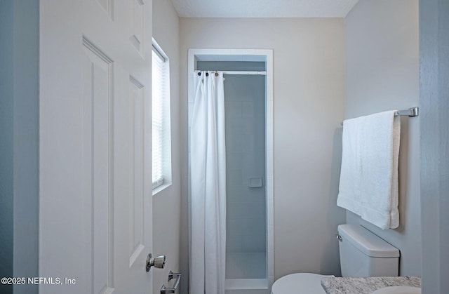 bathroom featuring toilet, vanity, and walk in shower