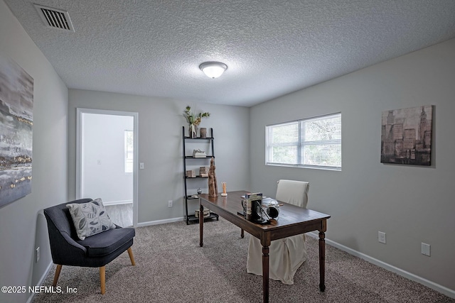 office space with carpet floors and a textured ceiling