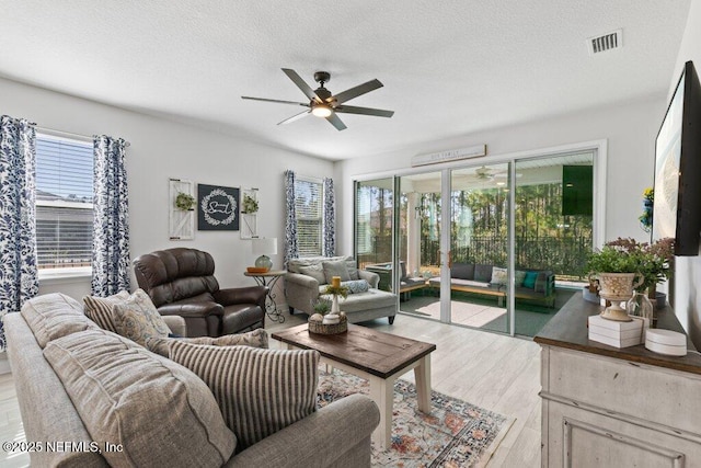 living room featuring ceiling fan, plenty of natural light, a textured ceiling, and light wood-type flooring